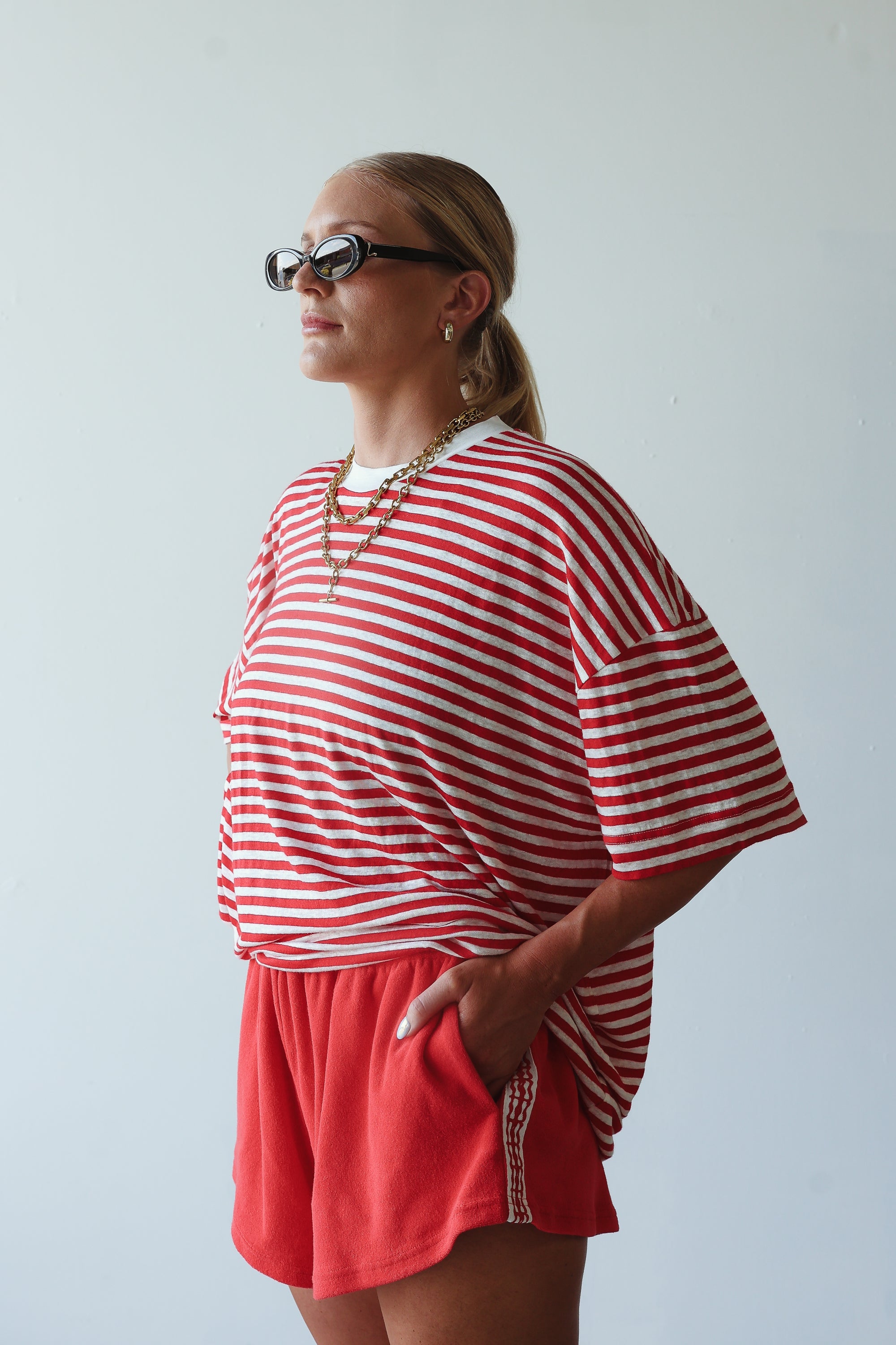 Athletic hemp/cotton tee - red/white stripe