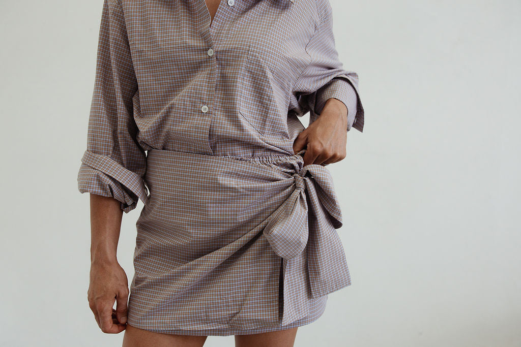 Tie side skirt - blue/brown check
