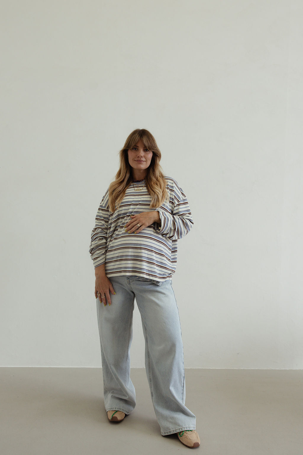 Stripe oversized l/s tee - white/blue/brown