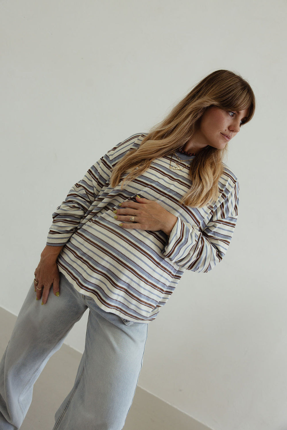 Stripe oversized l/s tee - white/blue/brown