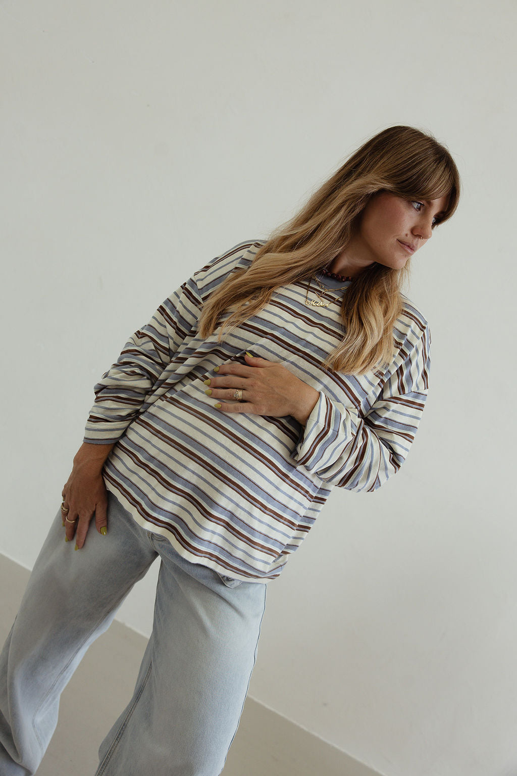 Stripe oversized l/s tee - white/blue/brown