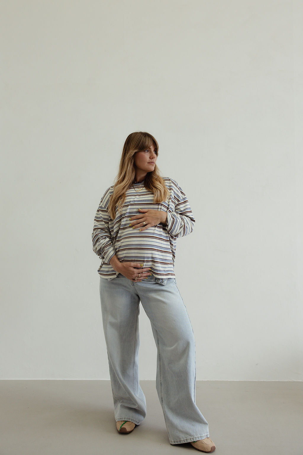 Stripe oversized l/s tee - white/blue/brown