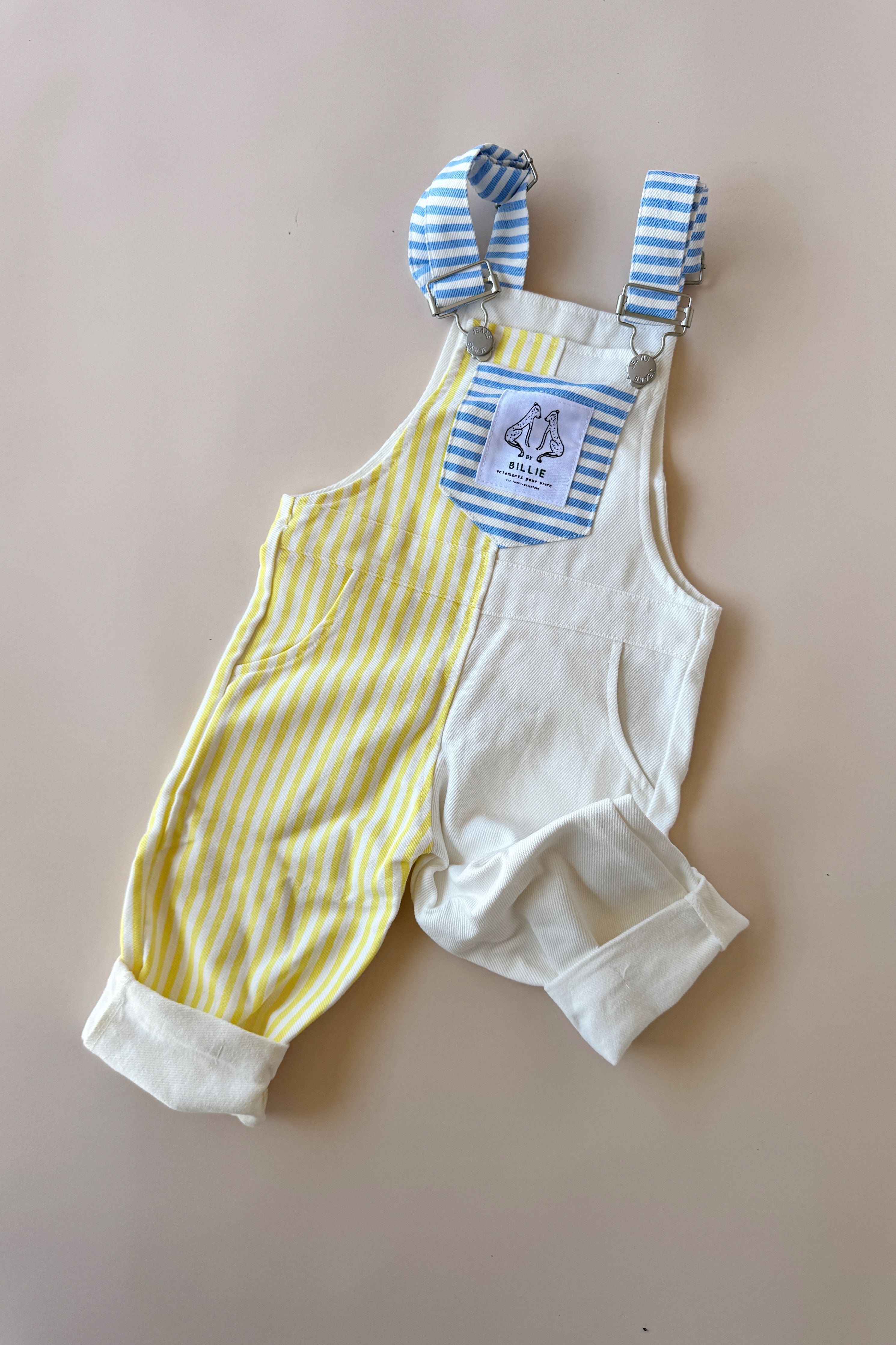 stripe overalls - blue/lemon