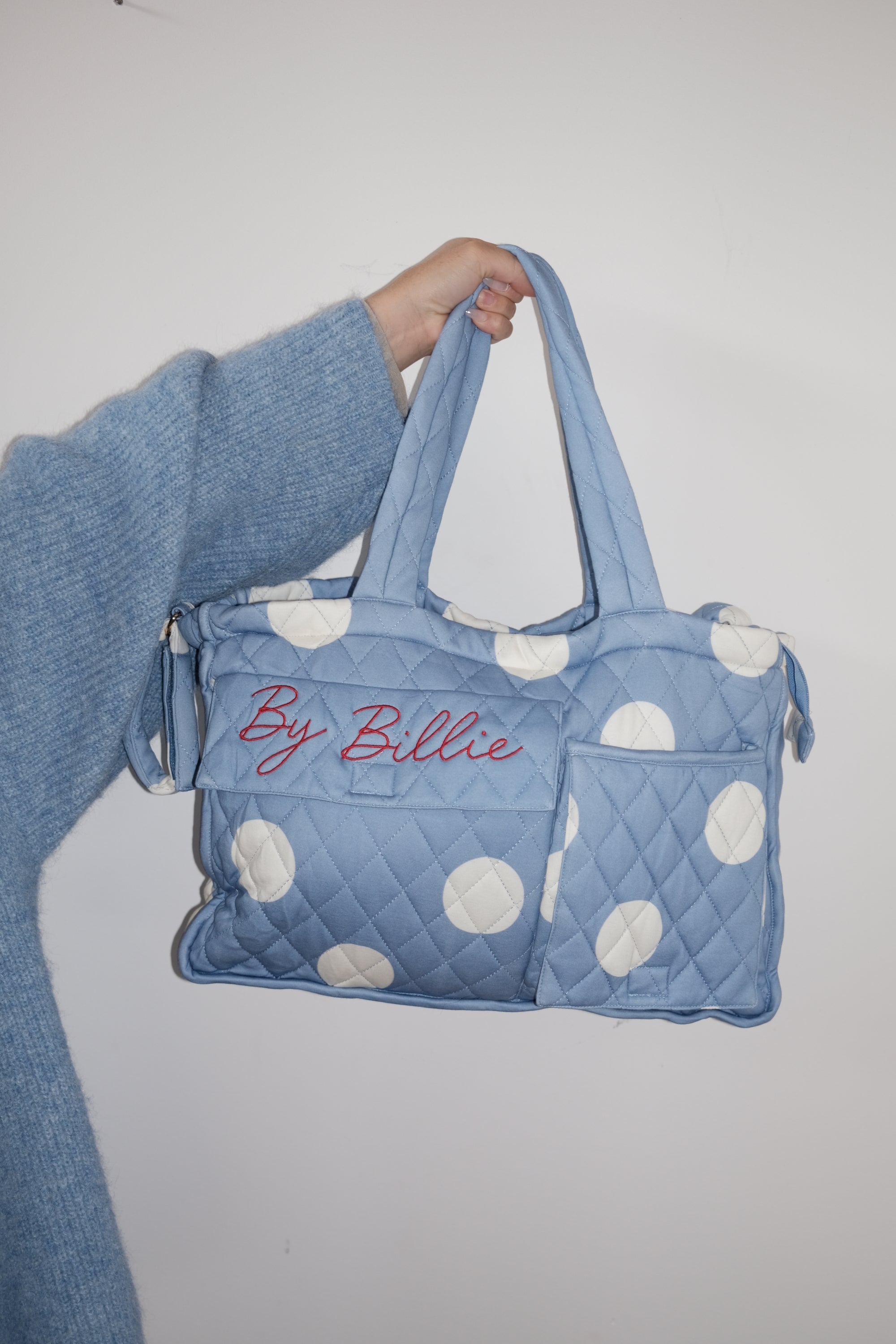 The By Billie baby bag - blue/cream polka dot