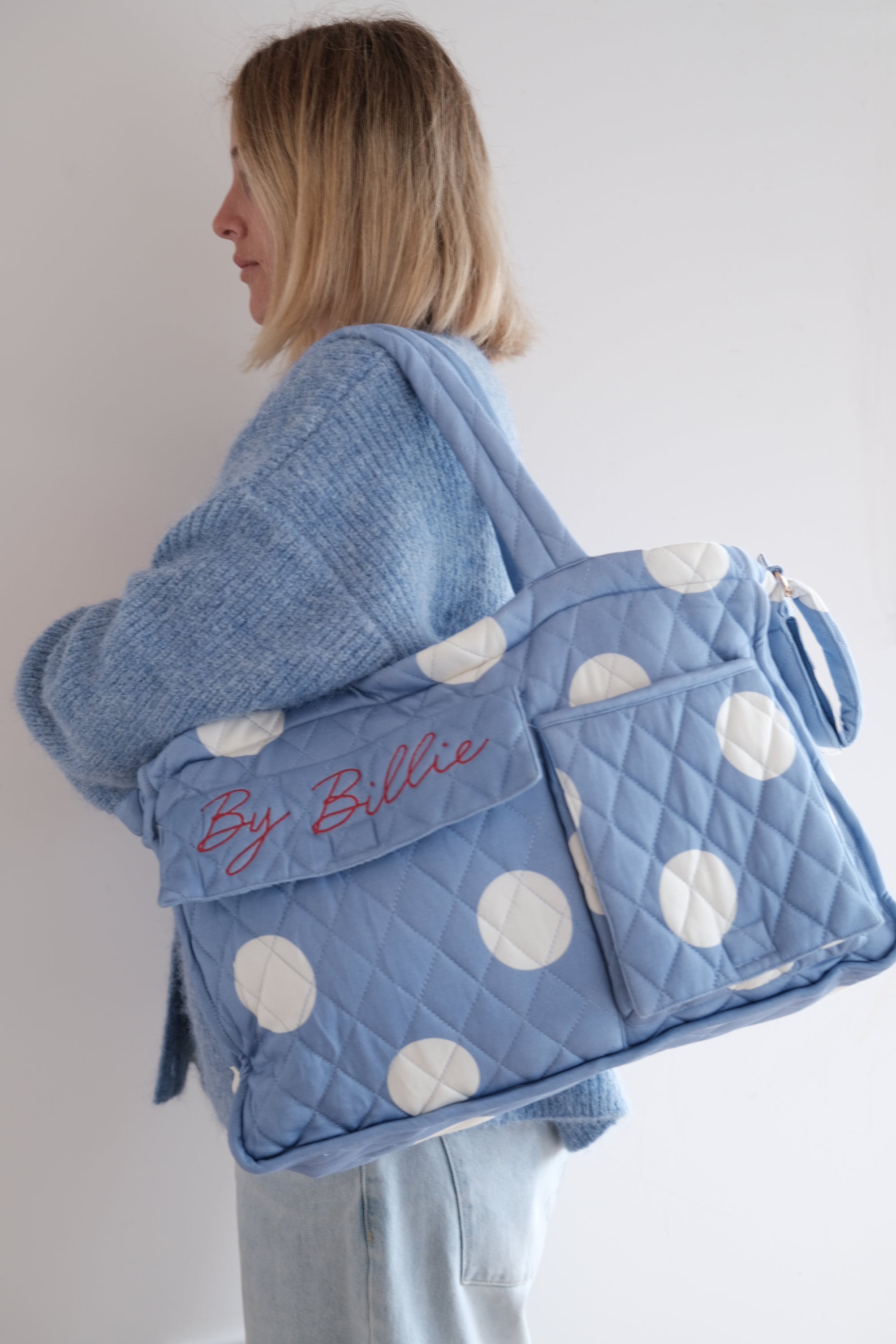 The By Billie baby bag - blue/cream polka dot