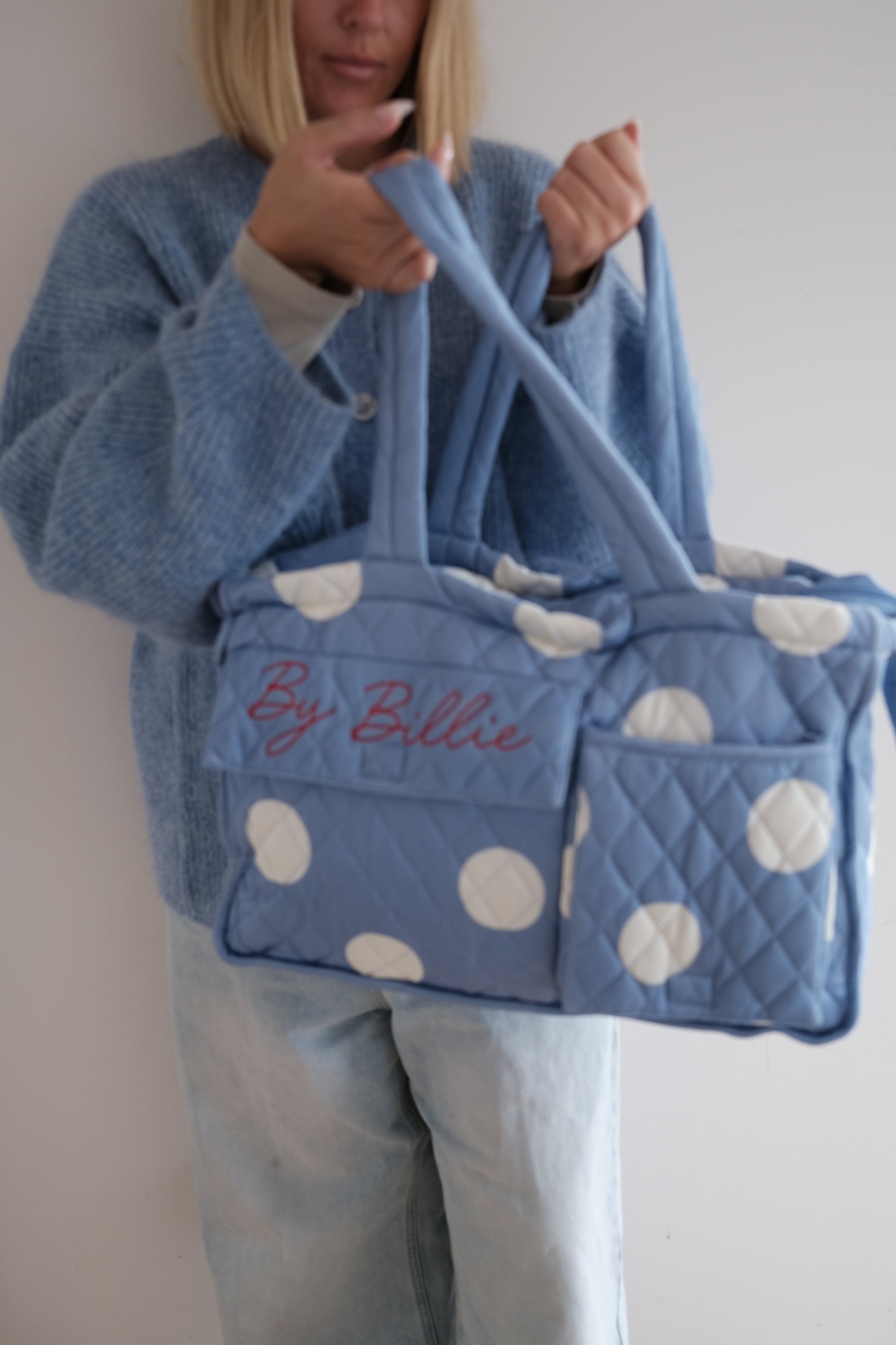 The By Billie baby bag - blue/cream polka dot