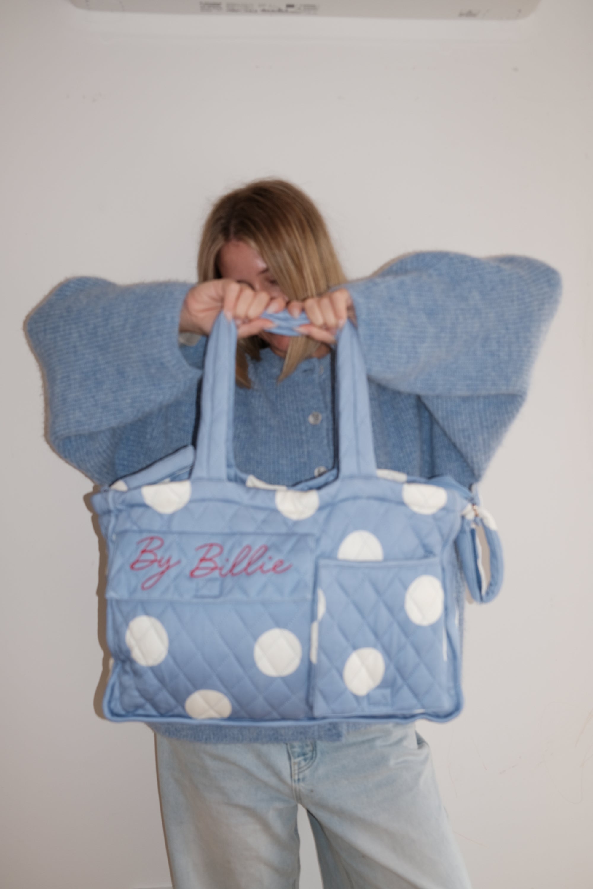 The By Billie baby bag - blue/cream polka dot