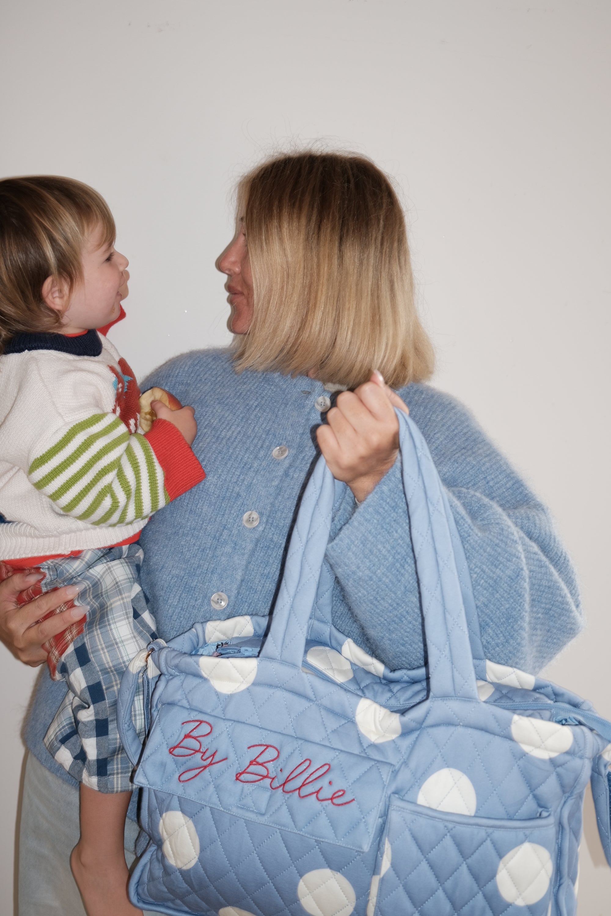 The By Billie baby bag - blue/cream polka dot