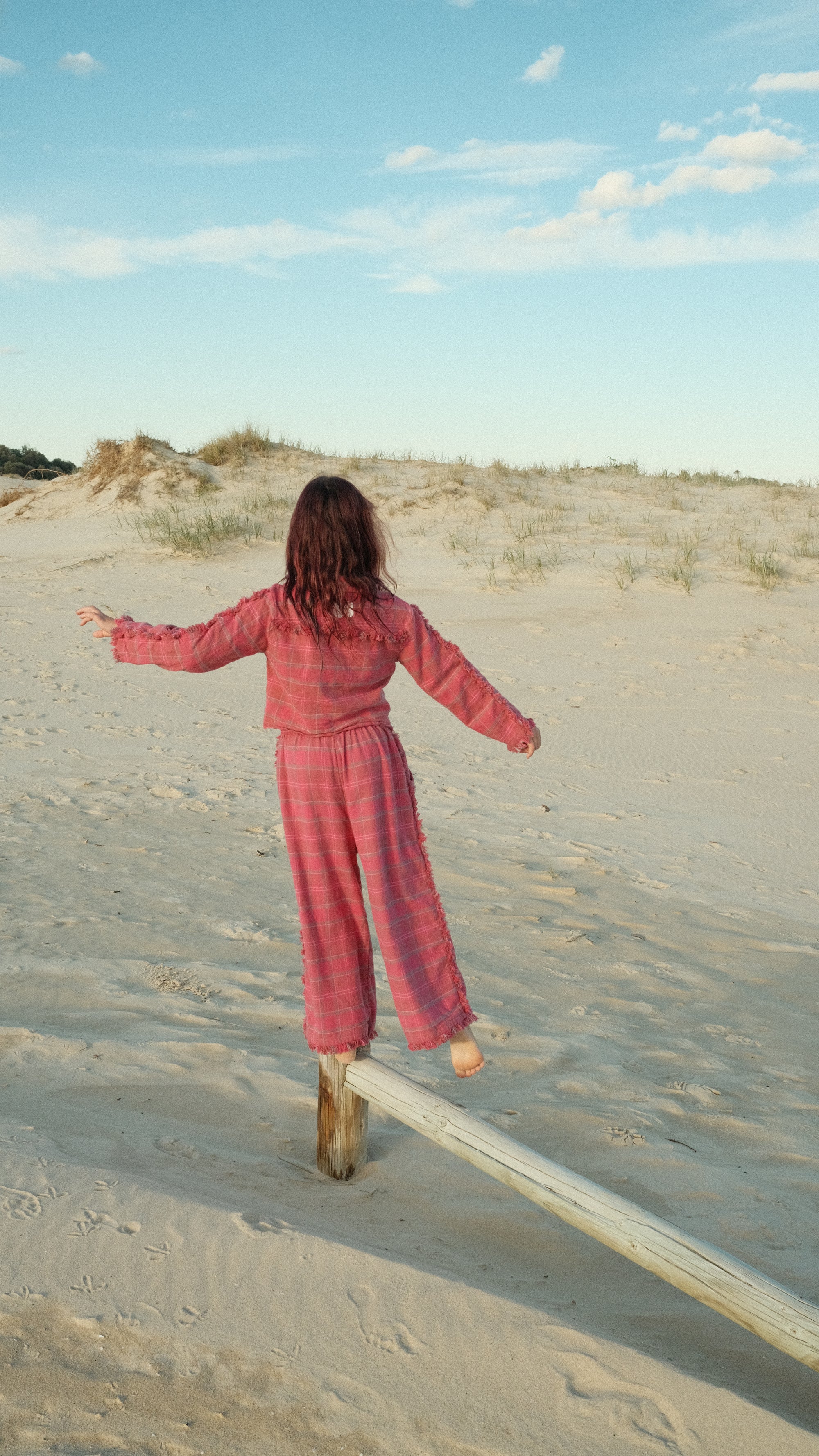 Fringe pants - washed pink check