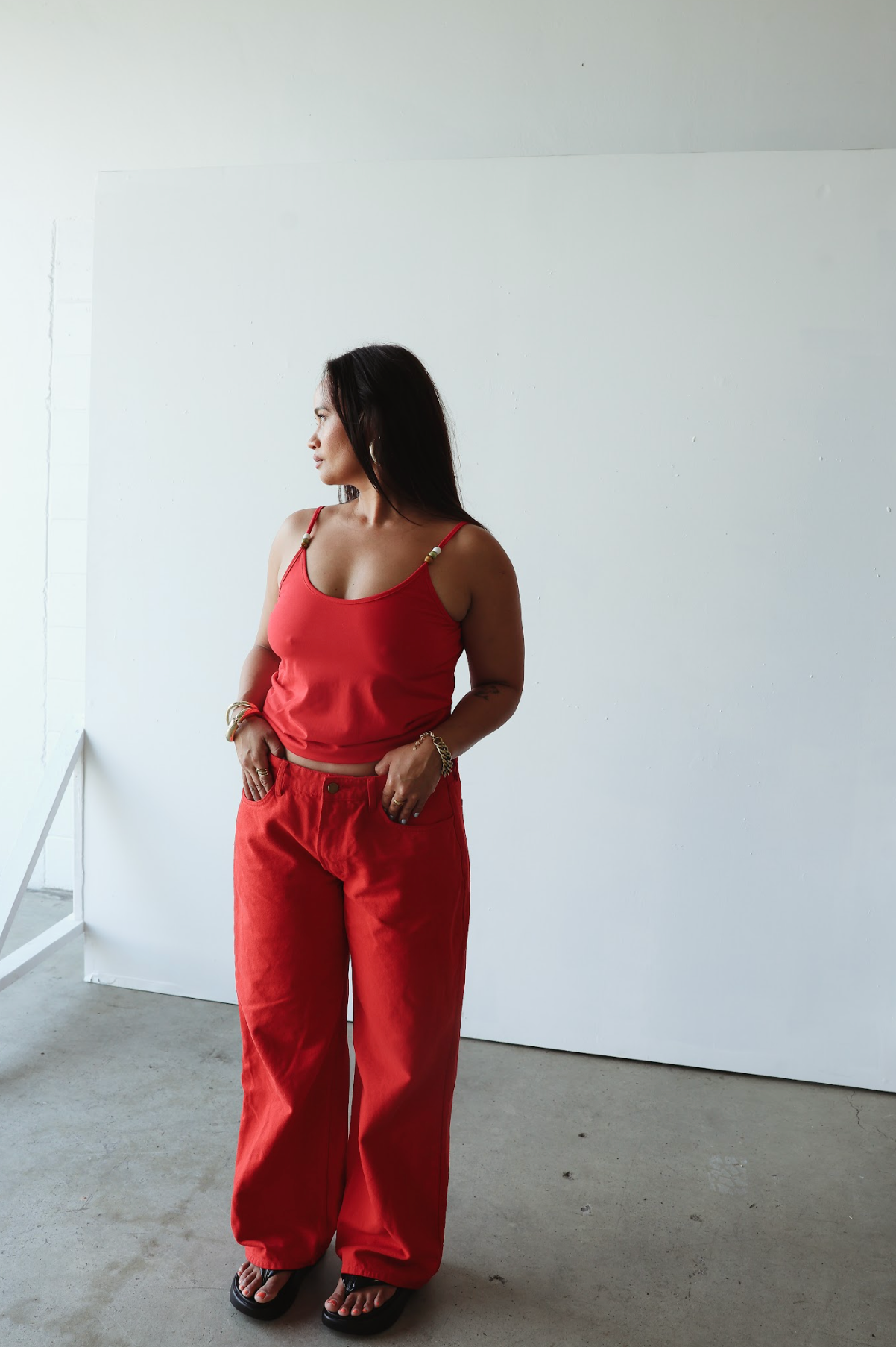 Baggy mid rise jean - red
