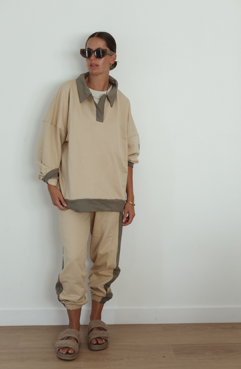 Contrast french terry trackies - sand